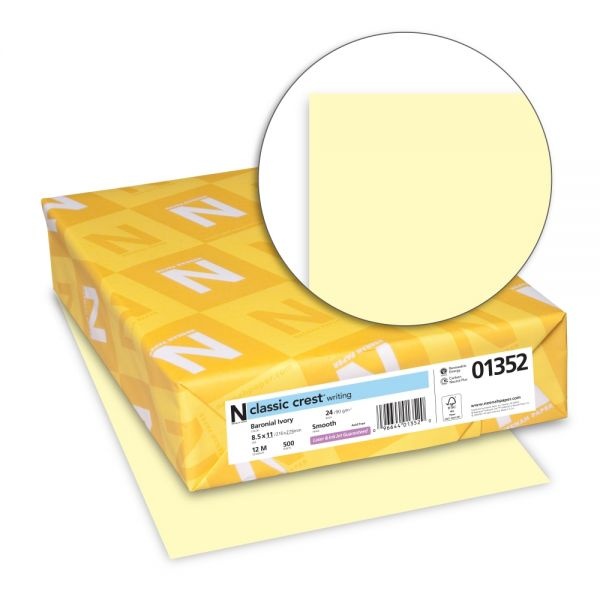 Neenah Paper Classic Crest Stationery, 24 Lb Bond Weight, 8.5 X 11, Baronial Ivory, 500/Ream