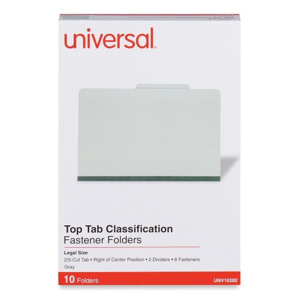 Universal Six-Section Pressboard Classification Folders, 2" Expansion, 2 Dividers, 6 Fasteners, Legal Size, Gray Exterior, 10/Box