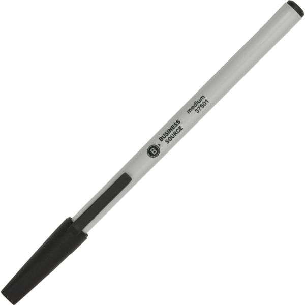 Business Source Medium Point Ballpoint Stick Pens - Medium Pen Point - Black - Light Gray Barrel - Stainless Steel Tip - 1 Dozen
