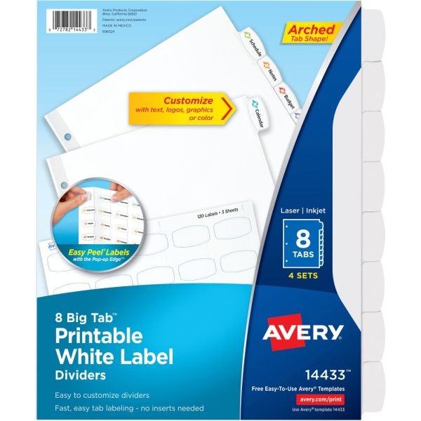 Avery Easy Peel Pop-Up Edge Label Dividers, 8 1/2" X 11", 8-Tab, White, Pack Of 4