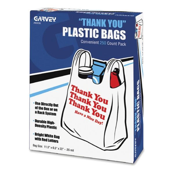 Universal Plastic "Thank You" Bags, 0.55 Mil, 11.5" X 22", White/Red, 250/Box
