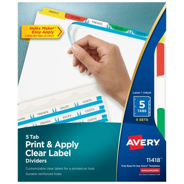 Avery Customizable Index Maker Dividers For 3 Ring Binder, Easy Print & Apply Clear Label Strip, 5 Tab, Multicolor, Pack Of 5 Sets