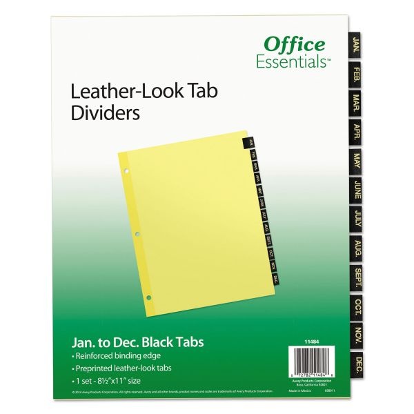Office Essentials Preprinted Black Leather Tab Dividers, 12-Tab, Jan. To Dec., 11 X 8.5, Buff, 1 Set