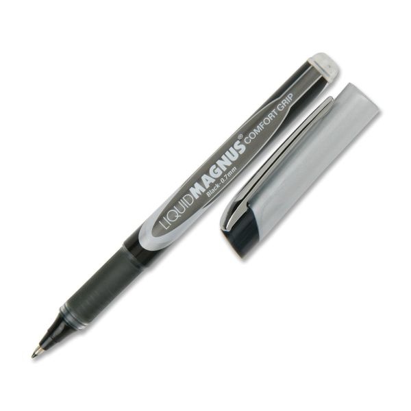 Skilcraft Liquid Magnus Comfort Grip Rollerball Pens, Fine Point, 0.7 Mm, Black Barrel, Black Ink, Pack Of 4 (Abilityone 7520-01-587-7791)