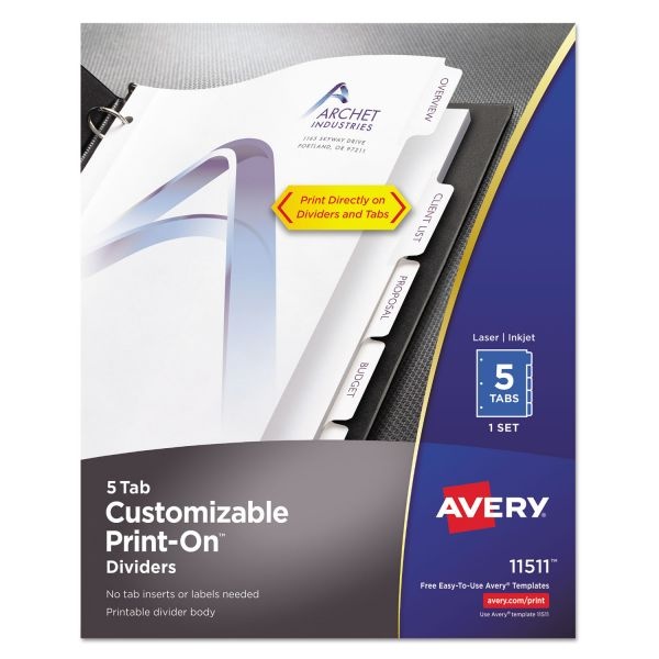 Avery Customizable Print-On Dividers, 5-Tab, White Tab, Letter, 1 Set