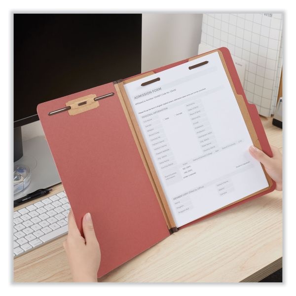 Universal Six-Section Pressboard Classification Folders, 2" Expansion, 2 Dividers, 6 Fasteners, Letter Size, Red Exterior, 10/Box