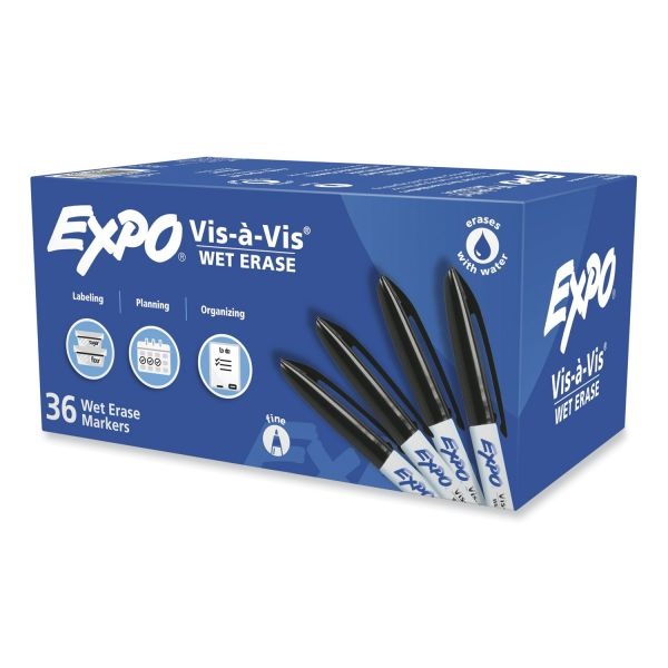 Expo Vis-A-Vis Wet Erase Marker, Fine Bullet Tip, Black, 36/Pack