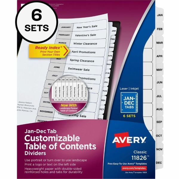 Avery Customizable Table Of Contents Ready Index Black And White Dividers, 12-Tab, Jan. To Dec., 11 X 8.5, White, 6 Sets