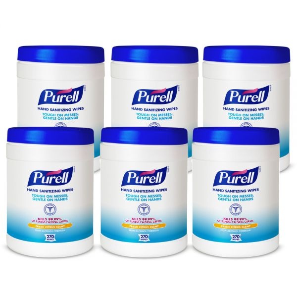 Purell Hand Sanitizing Wipes, Fresh Citrus Scent, 270 Wipes Per Canister, Pack Of 6 Canisters