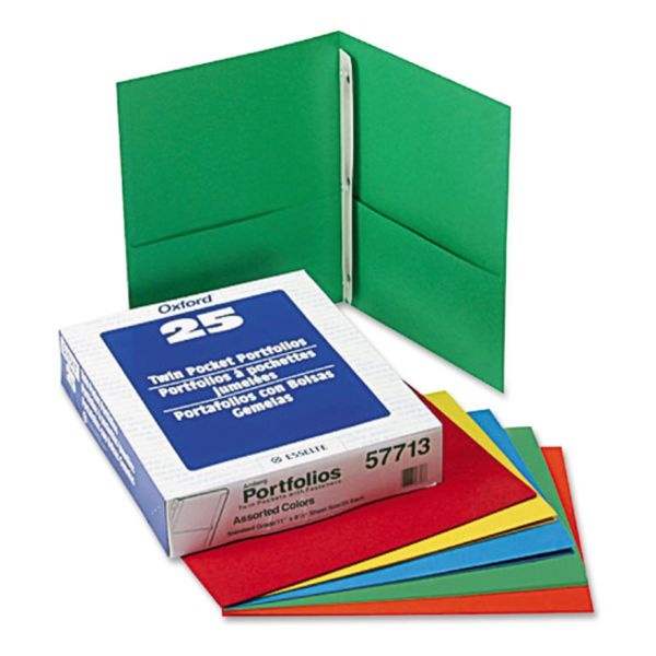 Oxford Twin-Pocket Folders With 3 Fasteners, 135-Sheet Capacity, Assorted Colors, 25/Box