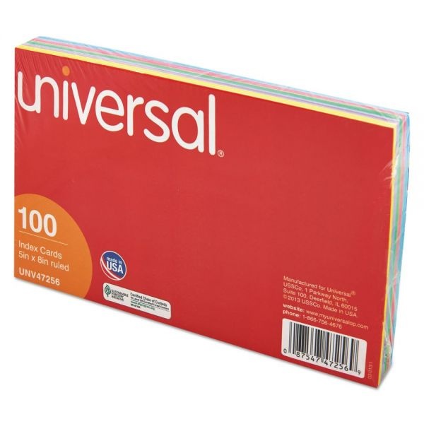 Universal Index Cards, Ruled, 5 X 8, Assorted, 100/Pack