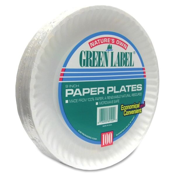 Ajm Green Label Paper Plates, 9", White, Box Of 1,200 Plates