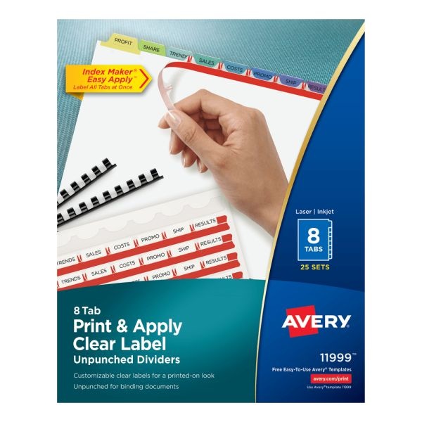 Avery Print & Apply Clear Label Dividers With Index Maker Easy Apply Printable Label Strip And Color Tabs, 8-Tab, Multicolor, Box Of 25 Sets