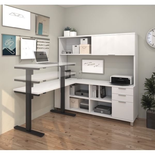 Bestar Pro-Linea L-Desk With Hutch Including Electric Height Adjustable Table In White