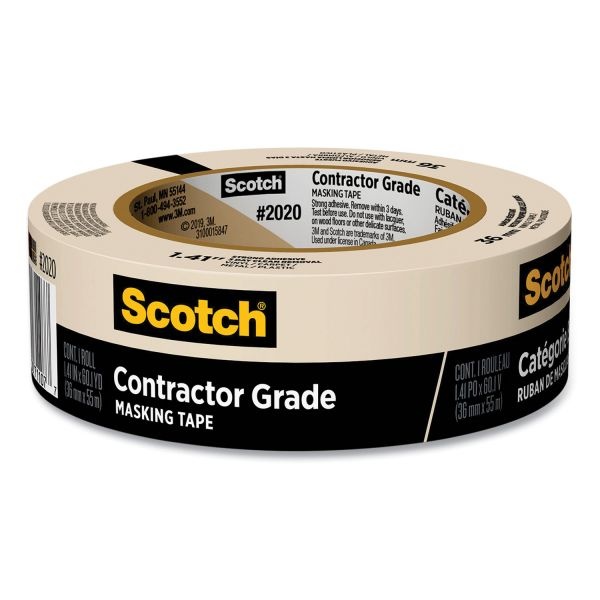 Scotch Contractor Grade Masking Tape, 3" Core, 1.41" X 60 Yds, Tan