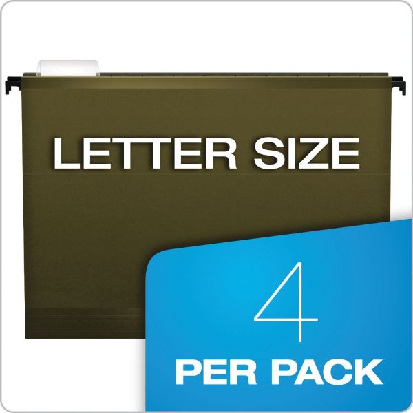 Pendaflex Surehook Hanging Pocket File, Letter Size, 1/5-Cut Tabs, Standard Green, 4/Pack