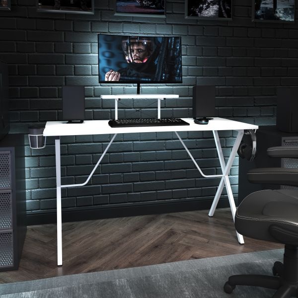 Mallot White Gaming Desk With Cup Holder, Headphone Hook, And Monitor/Smartphone Stand
