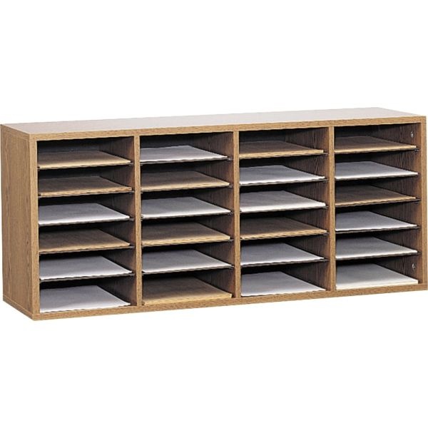 Safco Adjustable Wood Literature Organizer, 16 3/8"H X 39 3/8"W X 11 3/4"D, 24 Compartments, Oak