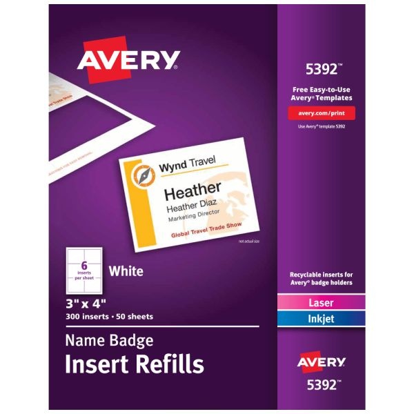 Avery Laser Name Badge Inserts, 3" X 4", Box Of 300