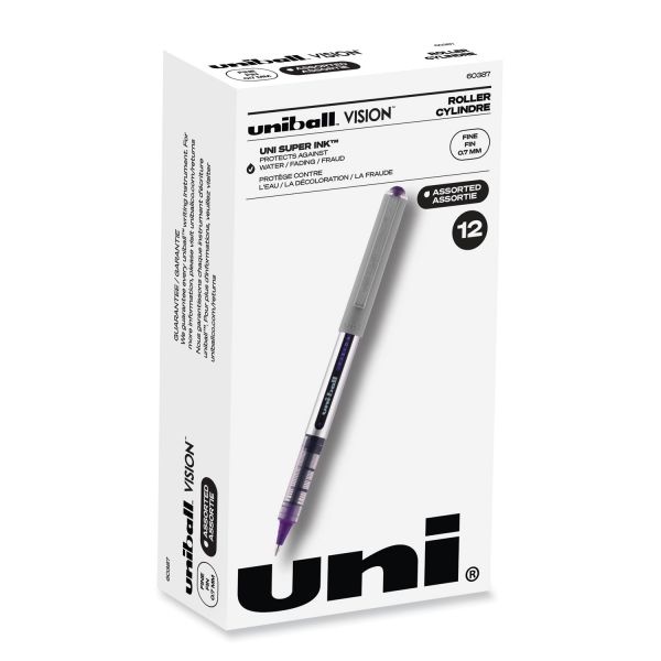 Uniball Vision Roller Ball Pen, Stick, Fine 0.7 Mm, Assorted Ink And Barrel Colors, Dozen