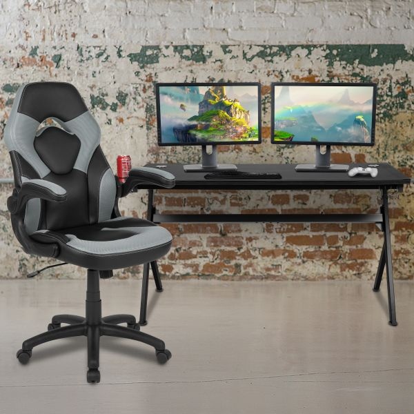 Optis Gaming Desk And Gray/Black Racing Chair Set /Cup Holder/Headphone Hook/Removable Mouse Pad Top - 2 Wire Management Holes