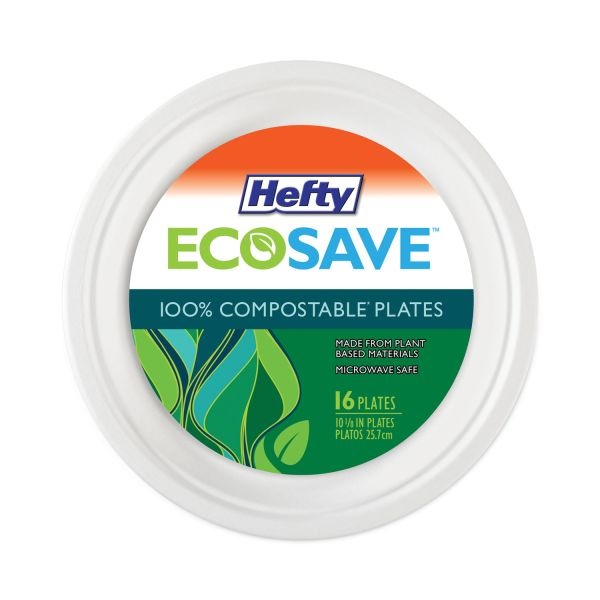 Hefty Ecosave Tableware, Plate, Bagasse, 10.13" Dia, White, 16/Pack