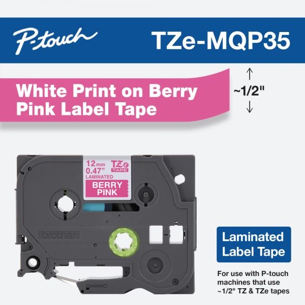 Brother P-Touch Tz Standard Adhesive Laminated Labeling Tape, 0.47" X 16.4 Ft, White/Berry Pink