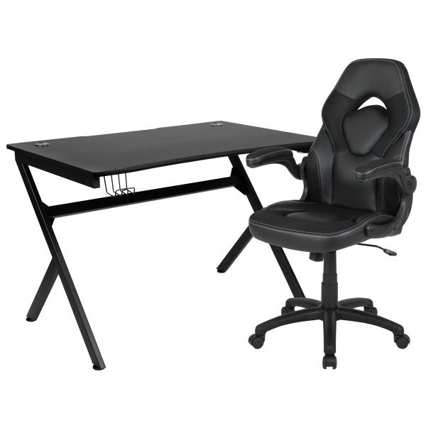 Optis Black Gaming Desk And Black Racing Chair Set With Cup Holder, Headphone Hook & 2 Wire Management Holes
