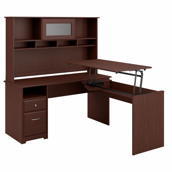 Bush Furniture Cabot 60W 3 Position L Shaped Sit To Stand Desk With Hutch In Harvest Cherry