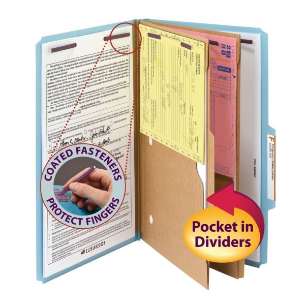 Smead Pressboard Classification Folders With Safeshield Fasteners And 2 Pocket Dividers, Legal Size, 50% Recycled, Blue, Box Of 10