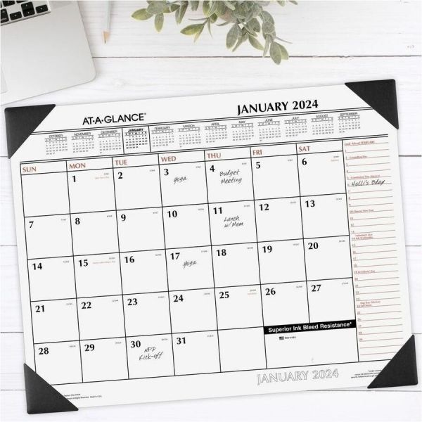 At-A-Glance Two-Color Monthly Desk Pad Calendar, 22 X 17, White Sheets, Black Corners, 12-Month (Jan To Dec): 2024
