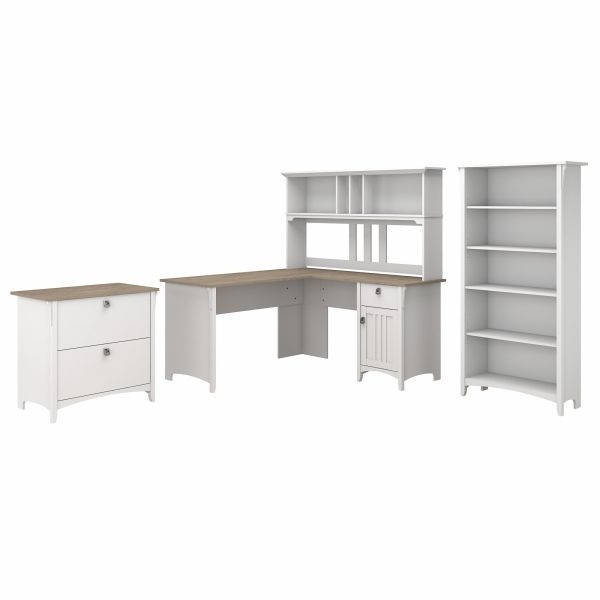 Bush Furniture Salinas 60W L Shaped Desk With Hutch, Lateral File Cabinet And 5 Shelf Bookcase In Pure White And Shiplap Gray