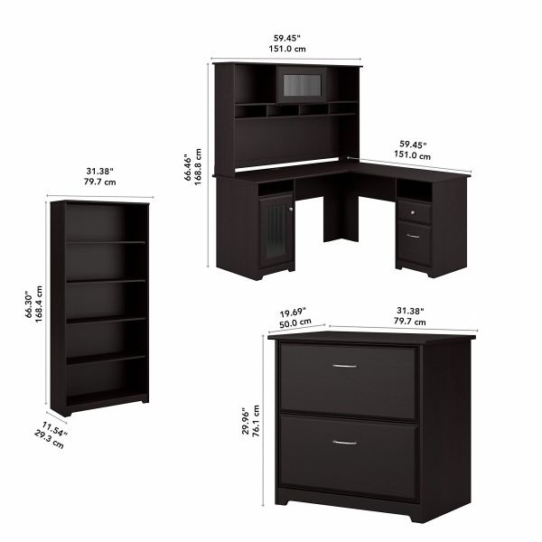 Bush Furniture Cabot L Shaped Desk With Hutch, Lateral File Cabinet And 5 Shelf Bookcase In Espresso Oak