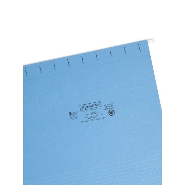 Smead Colored Hanging Folders, 8 1/2" X 11", 10% Recycled, Blue, Box Of 25