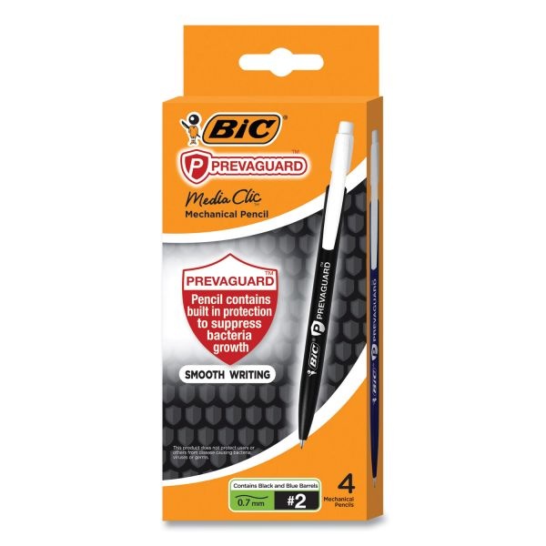 Bic Prevaguard Media Clic Mechanical Pencils, 0.7 Mm, Hb (#2), Black Lead, 2 Black Barrel/2 Blue Barrel, 4/Pack