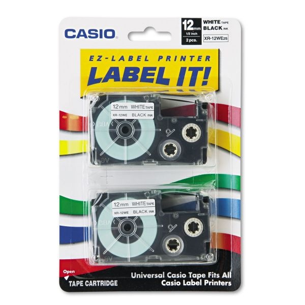 Casio Tape Cassettes For Kl Label Makers, 0.5" X 26 Ft, Black On White, 2/Pack