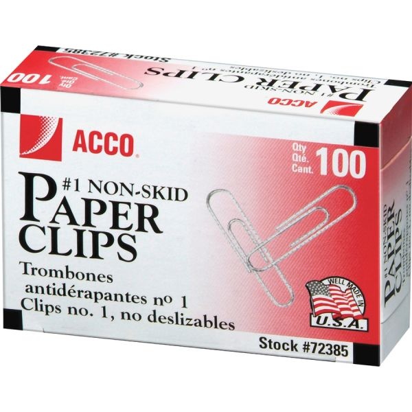 Acco Nonskid Standard Paper Clips, #1, Silver, 100/Box, 10 Boxes/Pack