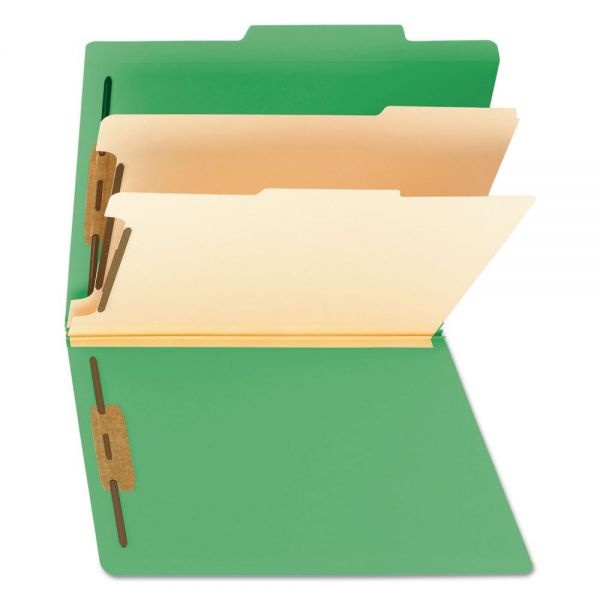 Smead Top Tab Classification Folders, Six Safeshield Fasteners, 2" Expansion, 2 Dividers, Letter Size, Green Exterior, 10/Box