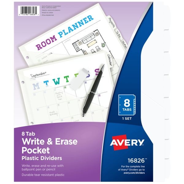 Avery Durable Plastic 8-Tab Write & Erase Dividers For 3 Ring Binders With Slash Pocket, 9-1/4" X 11-1/4", Translucent White, 1 Set