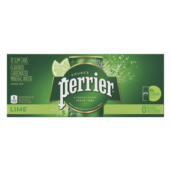 Perrier Sparkling Mineral Water, Lime, 8.45 Oz, Pack Of 10
