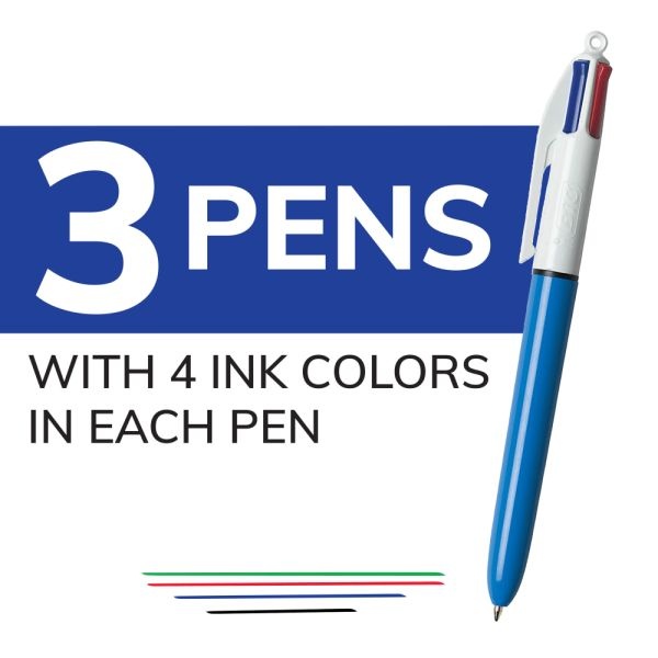 Bic 4-Color Multi-Color Ballpoint Pen, Retractable, Medium 1 Mm, Black/Blue/Green/Red Ink, Blue Barrel, 3/Pack