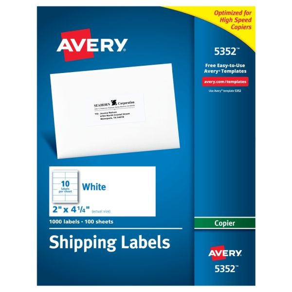 Avery Shipping Labels For Copiers, 5352, Rectangle, 2" X 4-1/4", White, Pack Of 1,000
