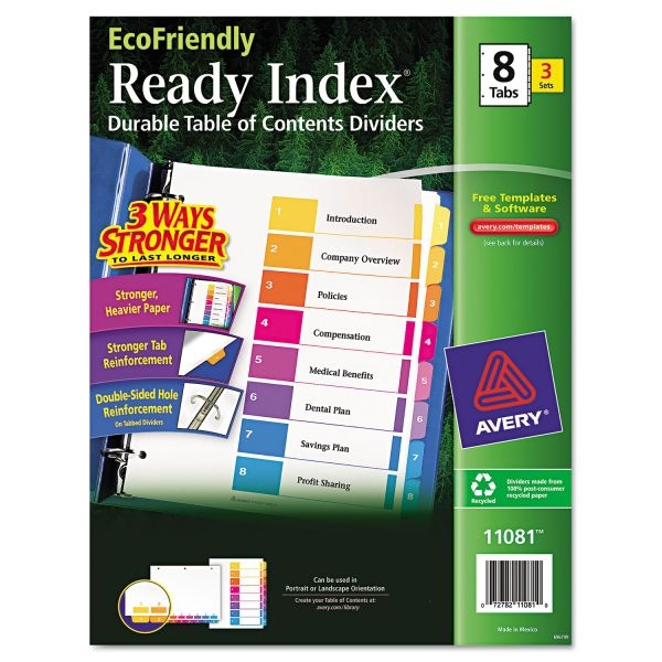 Avery Customizable Table Of Contents Ready Index Dividers With Multicolor Tabs, 8-Tab, 1 To 8, 11 X 8.5, White, 3 Sets
