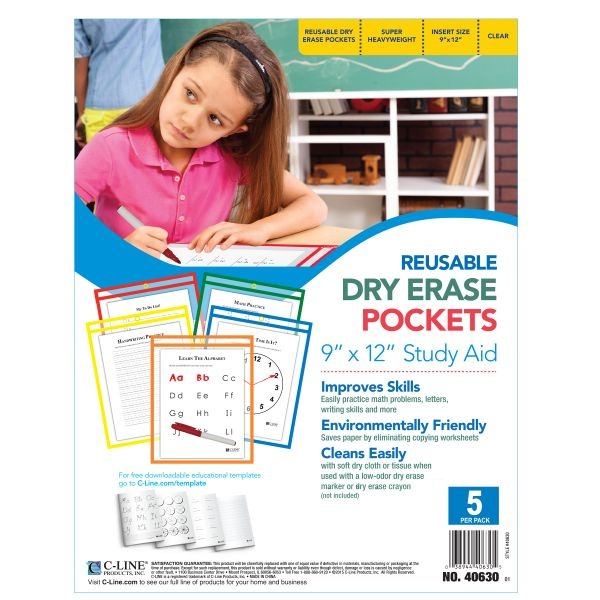 C-Line Reusable Dry Erase Pockets, 9 X 12, Assorted Primary Colors, 5/Pack