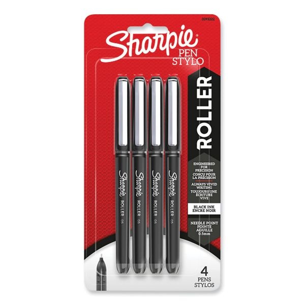Sharpie Roller Professional Design Roller Ball Pen, Stick, Fine 0.5 Mm, Black Ink, Black Barrel, 4/Pack