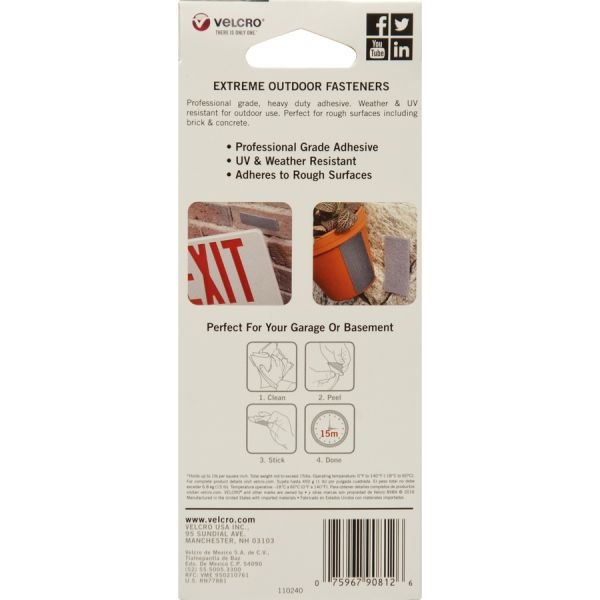 Velcro Brand Extreme Self Stick Fastener Strips, 1" X 4", Gray, Box Of 10 Strips