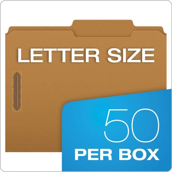 Pendaflex Kraft Fastener Folders, 2/5-Cut Tabs, 2 Fasteners, Letter Size, Kraft Exterior, 50/Box