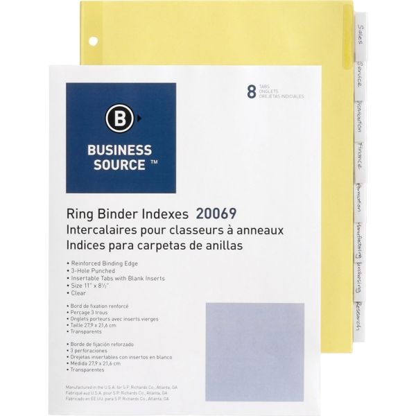 Business Source Buff Stock Ring Binder Indexes - 8 X Divider(S) - Blank Tab(S) - 8 Tab(S)/Set1.25" Tab Width - 8.5" Divider Width X 11" Divider Length - Letter - 3 Hole Punched - Clear Buff Paper Divider - Clear Tab(S) - 400 / Box