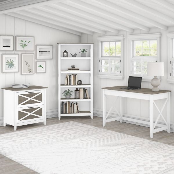 Bush Furniture Key West 48W Writing Desk With 2 Drawer Lateral File Cabinet And 5 Shelf Bookcase In Pure White And Shiplap Gray