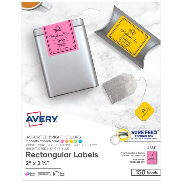 Avery Labels With Sure Feed Assorted Bright Colors, 4331, 2" X 2 5/8", Pack Of 150
